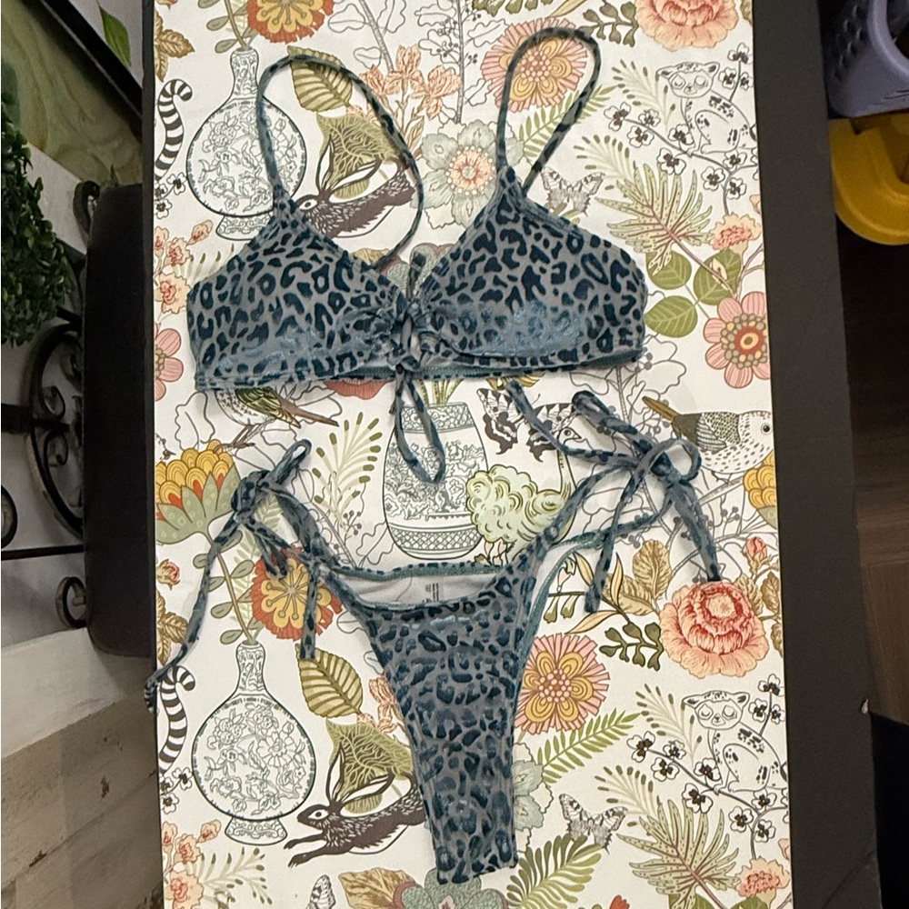 Leopard Print Blue Bikini Set Textured Sexy String Bikini